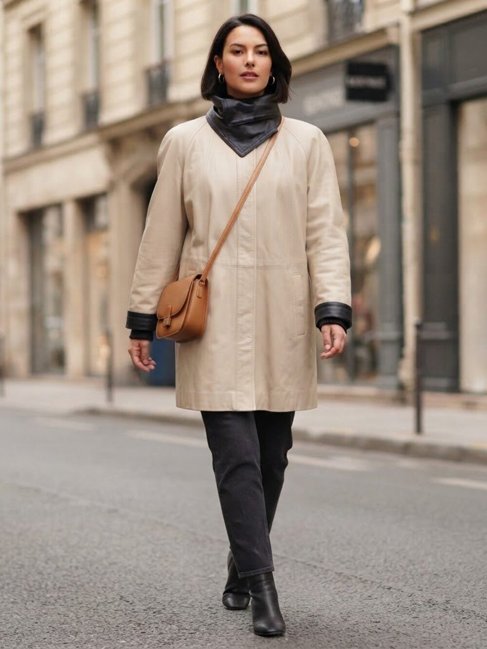 Vera Pelle Florence Italian Leather Coat Beige Brown Funnel Collar M/L
